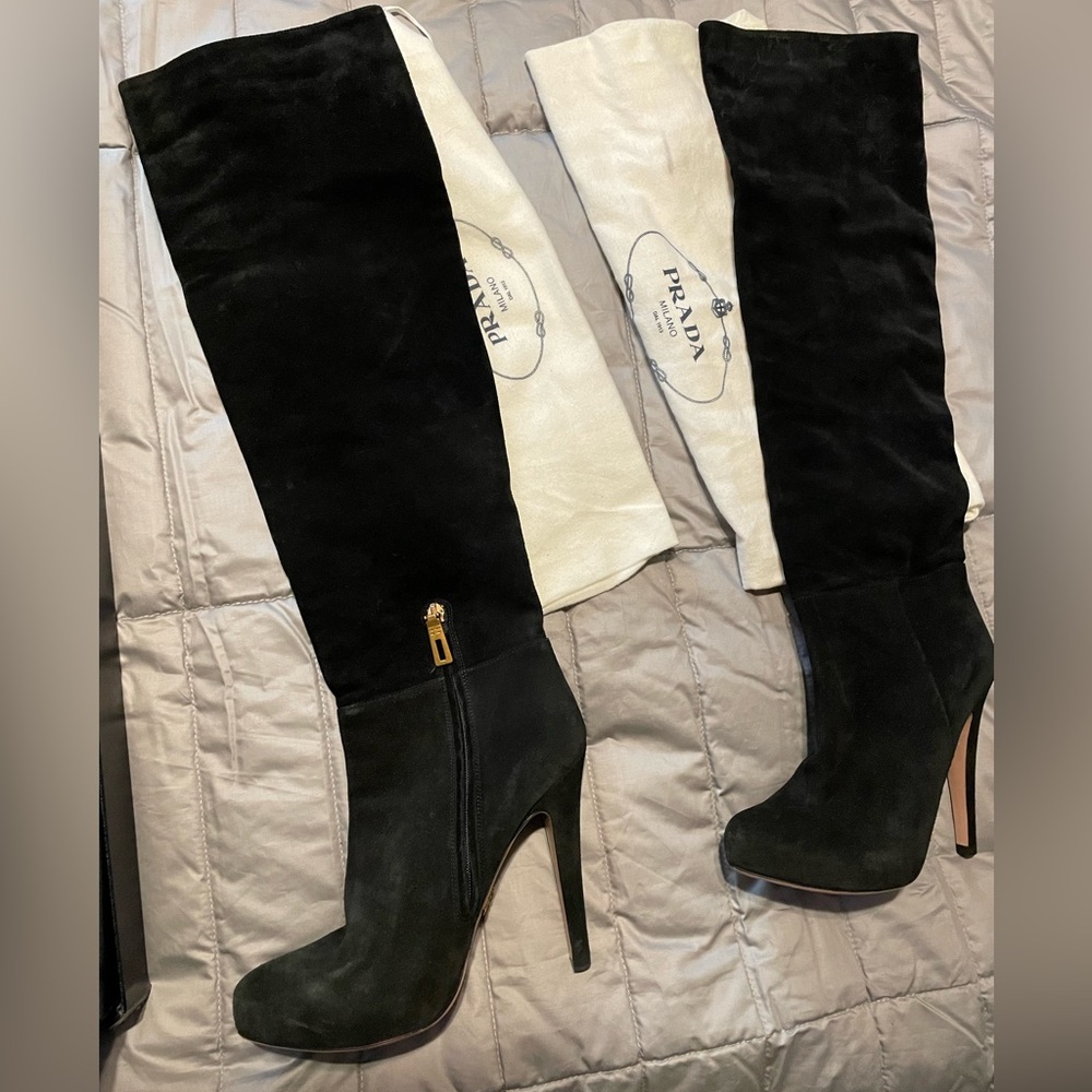 Prada Black Suede Knee High Boots, Sz 36.5